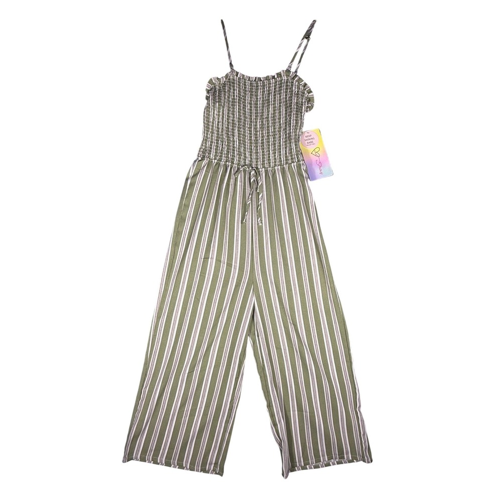 Womens Large Romper Smocked Striped Wide Leg Jumpsuit Olive Green White L NWT